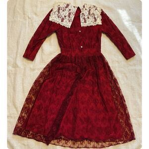 Vintage Scott McClintock Lace Collar Dress Red Prairie Romantic Midi USA Size 12
